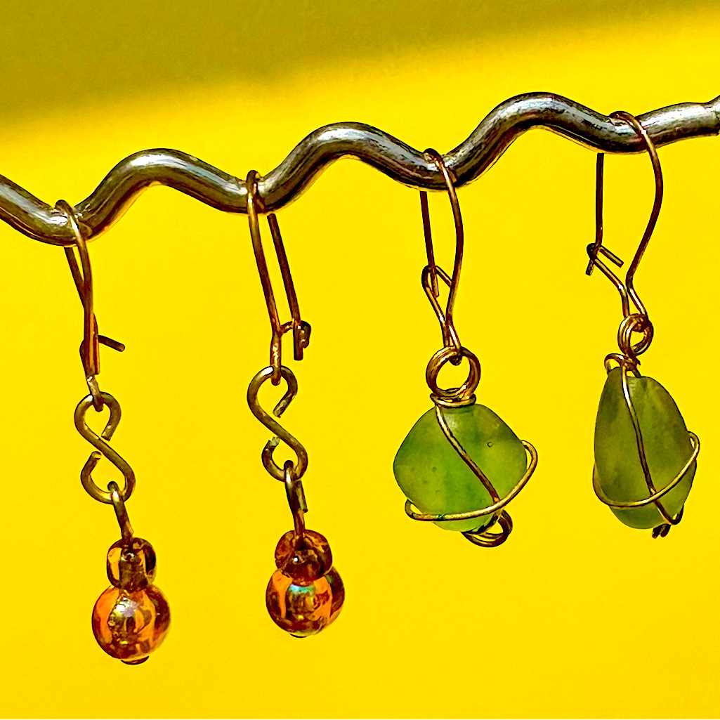Earrings Pierced Handcrafted Unique Design Yellow Glass Beads&Gold Wrapped Green